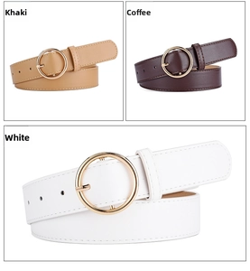 Detailed view of women's PU leather belts in khaki, coffee, and white with round gold buckles