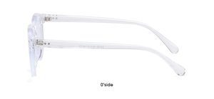 Side view of transparent square optical glasses frame showing hinge and temple detail