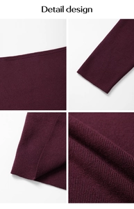 Detailed design of wine red knit sweater showing fabric texture, cuffs, and neckline seams