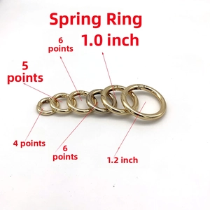 Detailed size chart for golden spring ring hardware showing six different diameters
