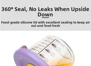 Detail of 200ml baby glass bowl showing 360-degree leak-proof silicone lid and scale