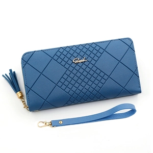 Blue long PU leather wallet for women with diamond quilted pattern and tassel wristlet