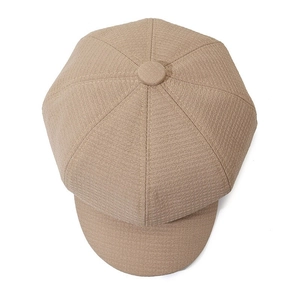 Khaki waffle texture beret octagonal newsboy hat with top button and stitched panels