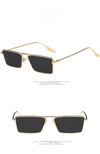 Front and side view of gold metal square sunglasses with stylish grey lenses