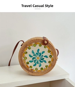 Detail of round woven rattan bag featuring colorful shell petals and leather strap