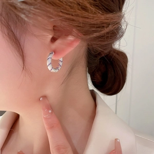 Close-up of silver C-shaped earrings with purple spiral details worn by a model