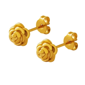 French vintage 18k gold plated rose flower stud earrings in 3D layered steel design