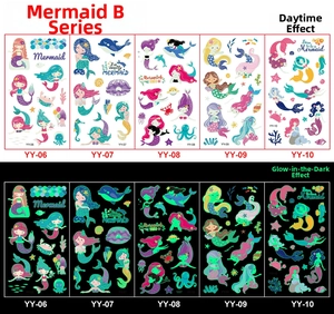 Luminous mermaid tattoo stickers set showing day and night glowing effects for kids