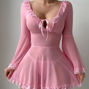 Sexy Sheer Mesh Nightgown With Lace Trim Backless Long Flare Sleeve V Neck Bow Tie Nightdress For Women