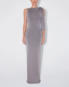 Detail of grey sleeveless slim maxi dress with elegant shoulder draped decorative accent
