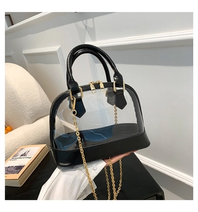 Detail view of transparent shell bag with black faux leather trim and golden chain strap
