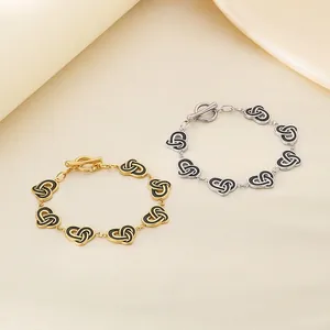 Bracelet Noeud Coeur En Acier Inoxydable Vintage Avec Fermoir À Bascule Émail Noir Bijoux De Mode Pour Femmes Élégant