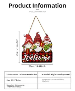 Detailed view of Christmas wooden sign featuring three gnomes with Welcome text and rope