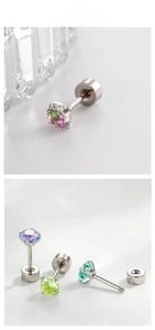 Detail of colorful round-cut zircon screw-back stud earrings in four vibrant pastel shades
