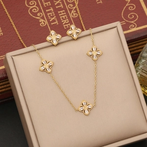 Flower Four Leaf Clover Jewelry Gold Plated Stainless Steel Zircon Imitation Artificial Pearl Necklace Earrings