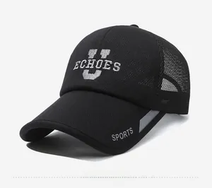 Side view of black mesh baseball cap showing breathable texture and Echoes embroidery