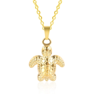 Detailed close-up of golden stainless steel turtle pendant necklace with fine textures