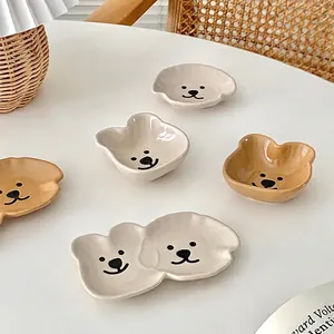 Cute cartoon bear and puppy ceramic dipping sauce dishes in cream and caramel glaze