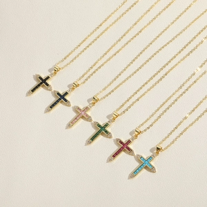 14K gold-plated cross pendant necklace set with multi-colored zirconia gemstones