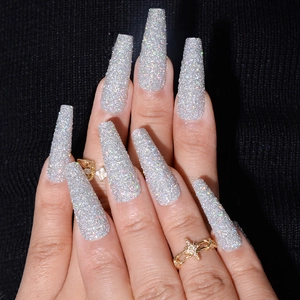 Sparkly silver glitter long trapezoid press-on nails for a glamorous manicure look