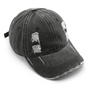 Vintage washed black distressed baseball cap with ripped details and adjustable strap