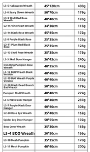 Detailed size chart for Halloween wreaths showing dimensions and weight for each style