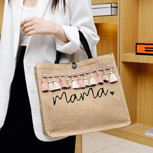 Jute Hemp Tote Bag With Colorful Tassels Mama Letter Print Large Capacity Handbag Bohemian Style Women Casual Shopping