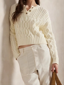 Retro cremefarbener Zopfstrickpullover mit geknöpftem V-Ausschnitt und lockerer Passform