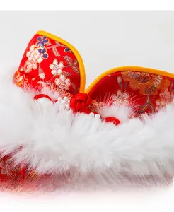 Macro shot of traditional red pet vest collar with white faux fur and pearl accents