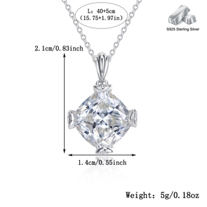 Detail view of S925 sterling silver necklace with square-cut stone and dimensions