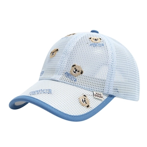 Breathable light blue mesh baseball cap for toddlers featuring cute bear embroidery