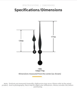 Detailed specifications of black quartz clock hands model 1083 with 125mm and 177mm sizes