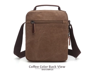 Detailed back view of coffee canvas messenger bag with zippered security pocket