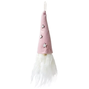 Pink plush Christmas gnome ornament with white beard and silver sequin stars on white background