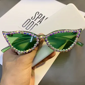 Retro green cat-eye sunglasses for women with sparkling AB rhinestones and candy lenses