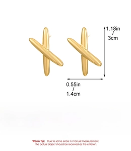 Detailed dimensions of gold hammered X-shaped stainless steel earrings on white background