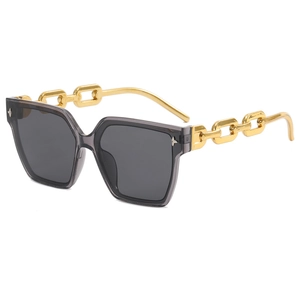 Fashion oversized square sunglasses with gold chain temples and smoky gray lenses for women