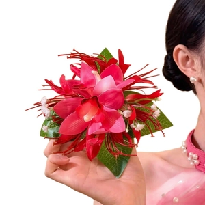 Elegant red and deep pink fabric flower hair clip with realistic velvet petals and green leaves