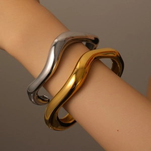 Wave Open Cuff Bangle Stainless Steel Irregular Curved Minimalist Fashion Bracelet For Women Luxury High Polish