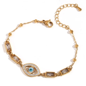 18K gold plated stainless steel bracelet featuring rectangular zircon evil eye charm