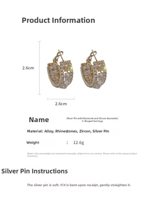 Detailed view of 2.6cm geometric C-hoop earrings with pave zircon and silver needle base