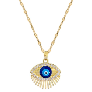 Gold evil eye necklace with blue crystal inlay and sparkling rhinestone eyelashes
