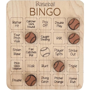 Detail of the high-quality laser-engraved baseball terms on the natural wooden bingo board