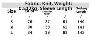 Detailed size chart for crochet midi dress showing measurements for S, M, and L sizes