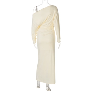 Detail of cream asymmetric one-shoulder maxi dress with soft ribbed knit texture