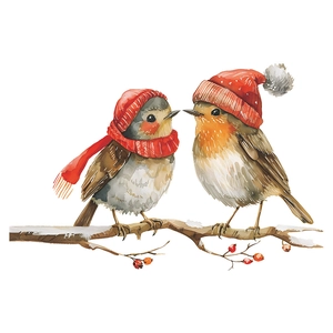 Christmas wall decal featuring watercolor birds with red hats on snowy branches
