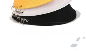 Détail de bobs en noir, blanc et jaune avec des anneaux métalliques argentés décoratifs