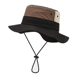 Waterproof tricolor outdoor fishing bucket hat with drawstring in brown and beige