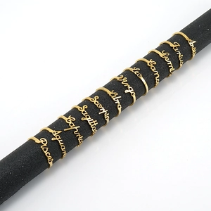 18K gold plated stainless steel 12 zodiac letter open ring set displayed on black stands