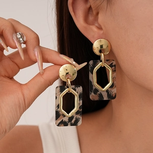Retro leopard print rectangular earrings with golden geometric frames for women